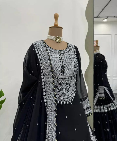 Bollywood Style Faux Georgette Top Sharara With Dupatta