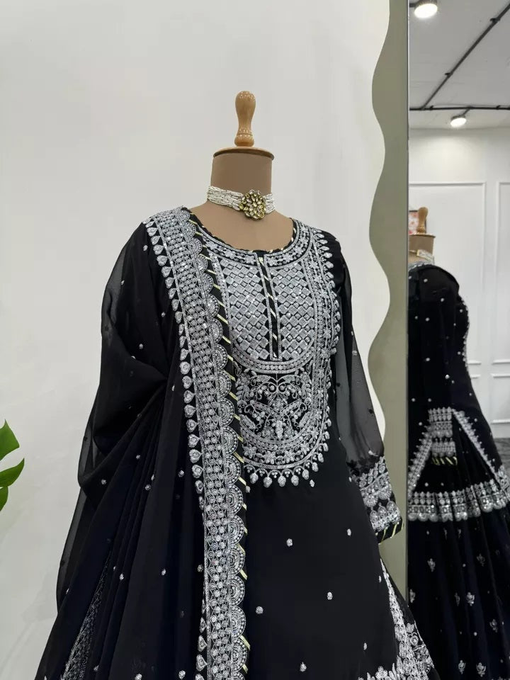 Bollywood Style Faux Georgette Top Sharara With Dupatta
