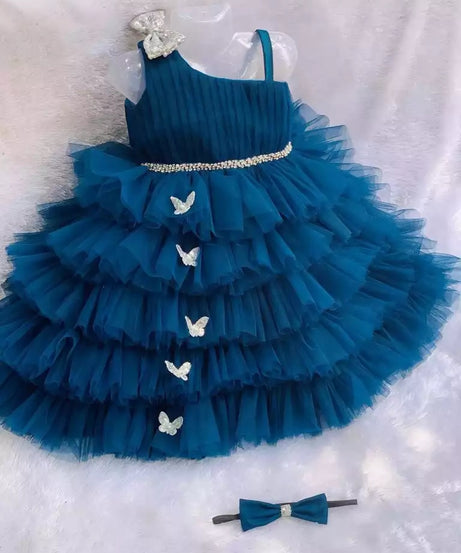 Lovely Sequins Bow and Diamond Belt Net Frock for Baby Girls