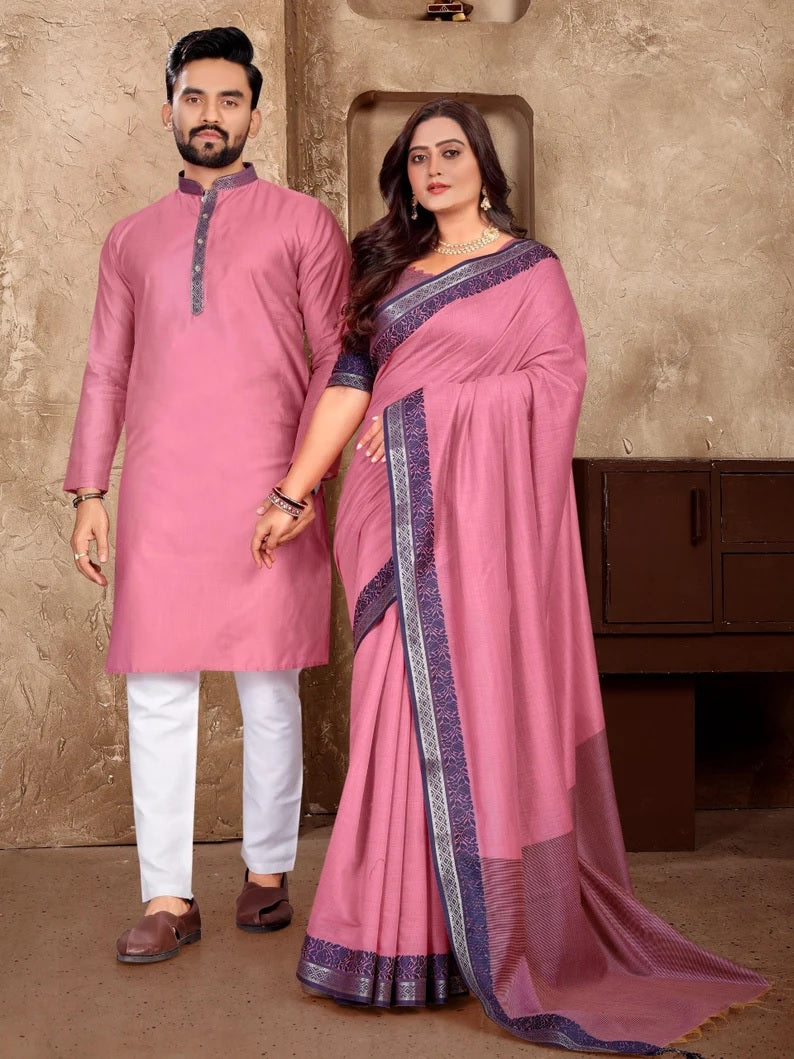 Linen Silk Kurta And Saree Set & Couple Combo Set