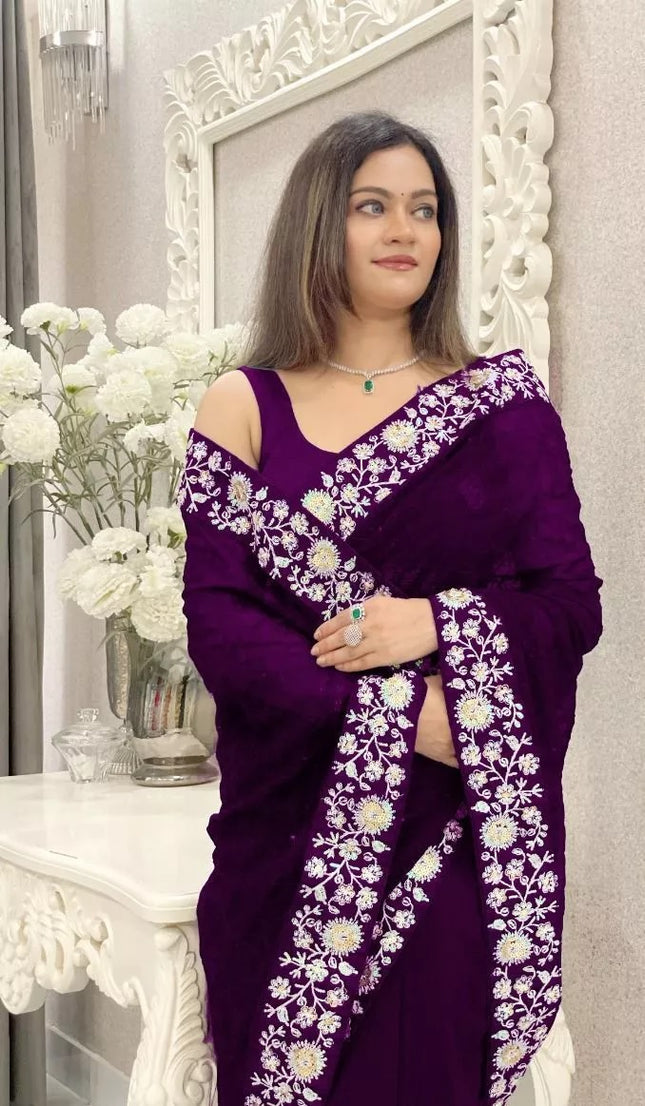 Georgette With Designer Floral Embroidery Work Sari & Blouse