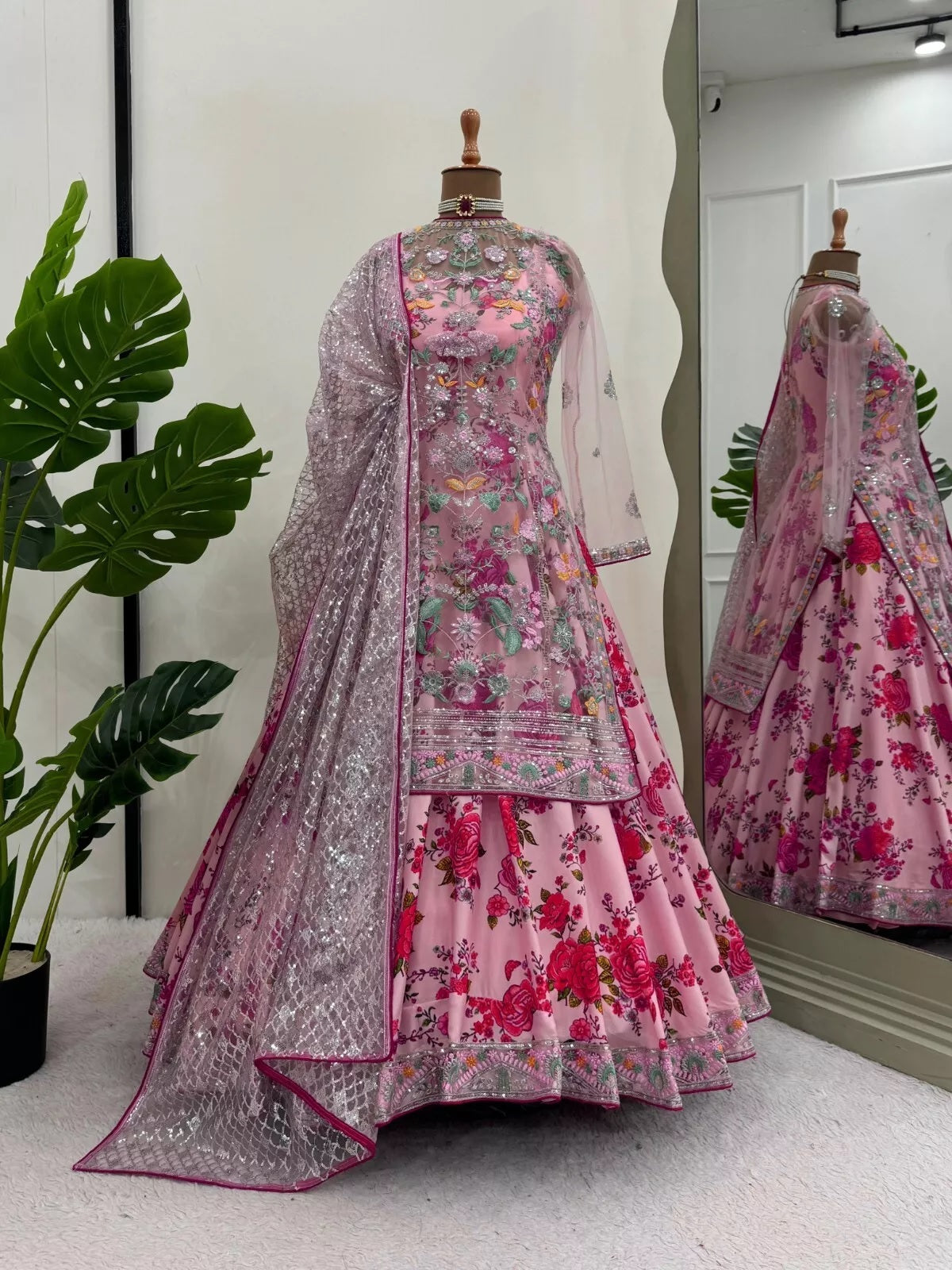 Butterfly Net With Thread & Sequence Work Bollywood Style Top Lehenga & Dupatta