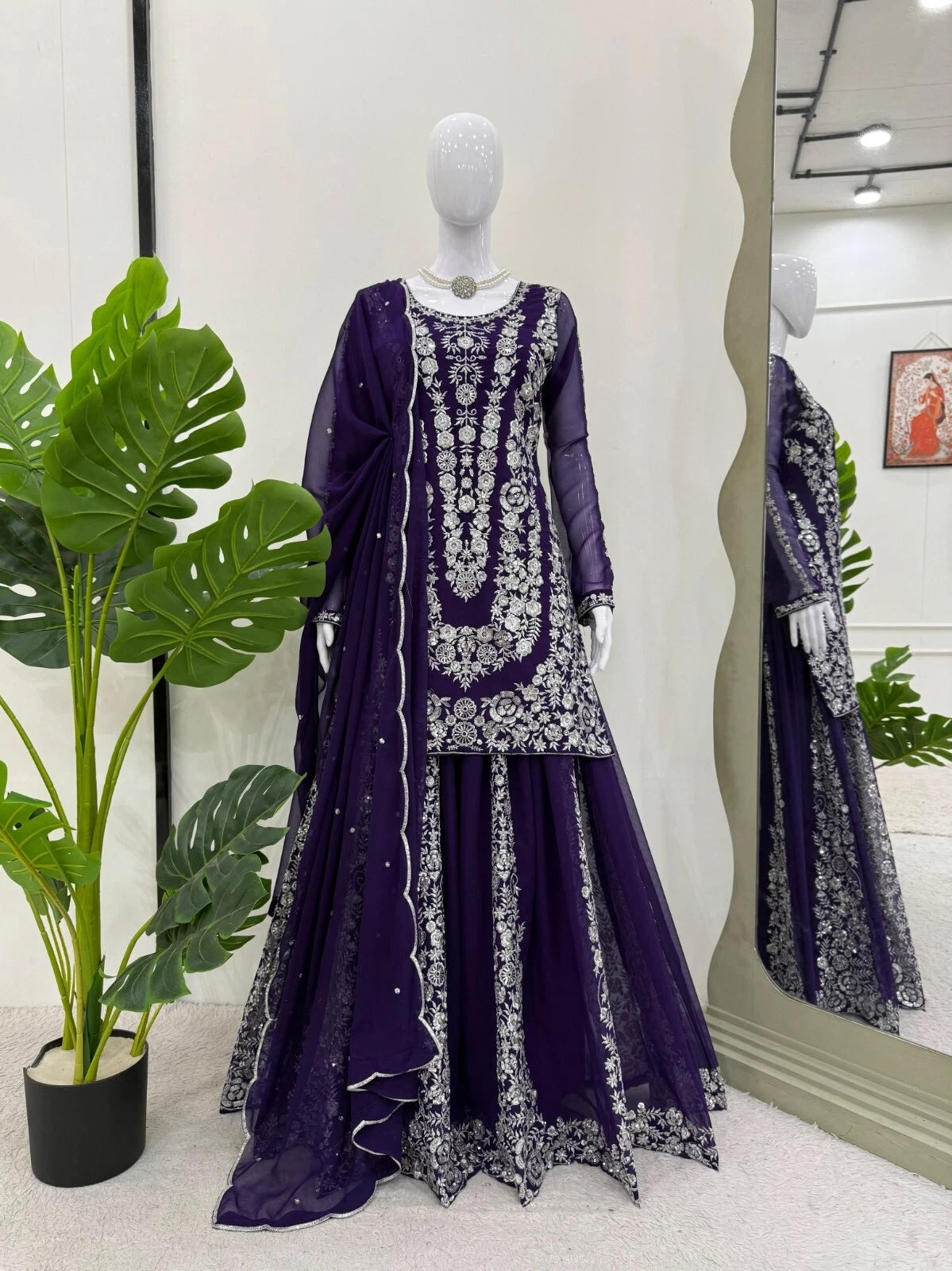 Full Stitched Faux Georgette Top Palazzo Dupatta