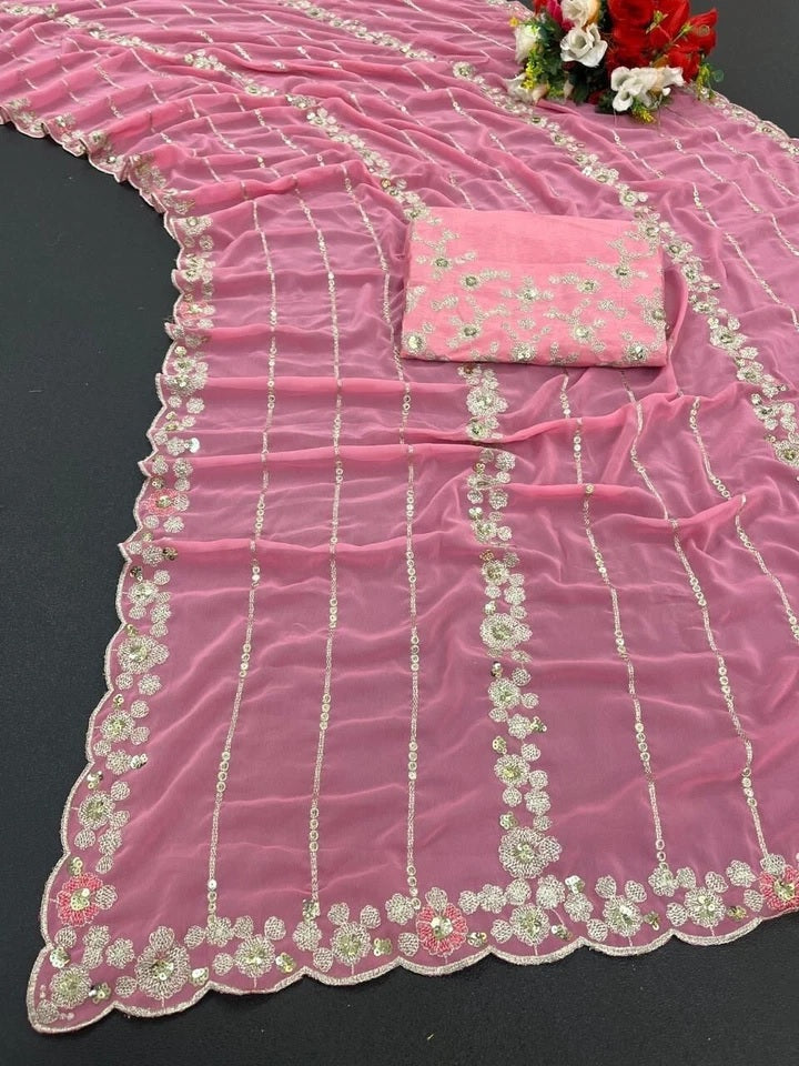 Heavy Pure Soft Georgette Bollywood Party Saree,Wedding Wear Sari With Blouse