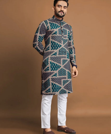 Men's Soft Cotton Foil Print Designer Kurta Pajama Set