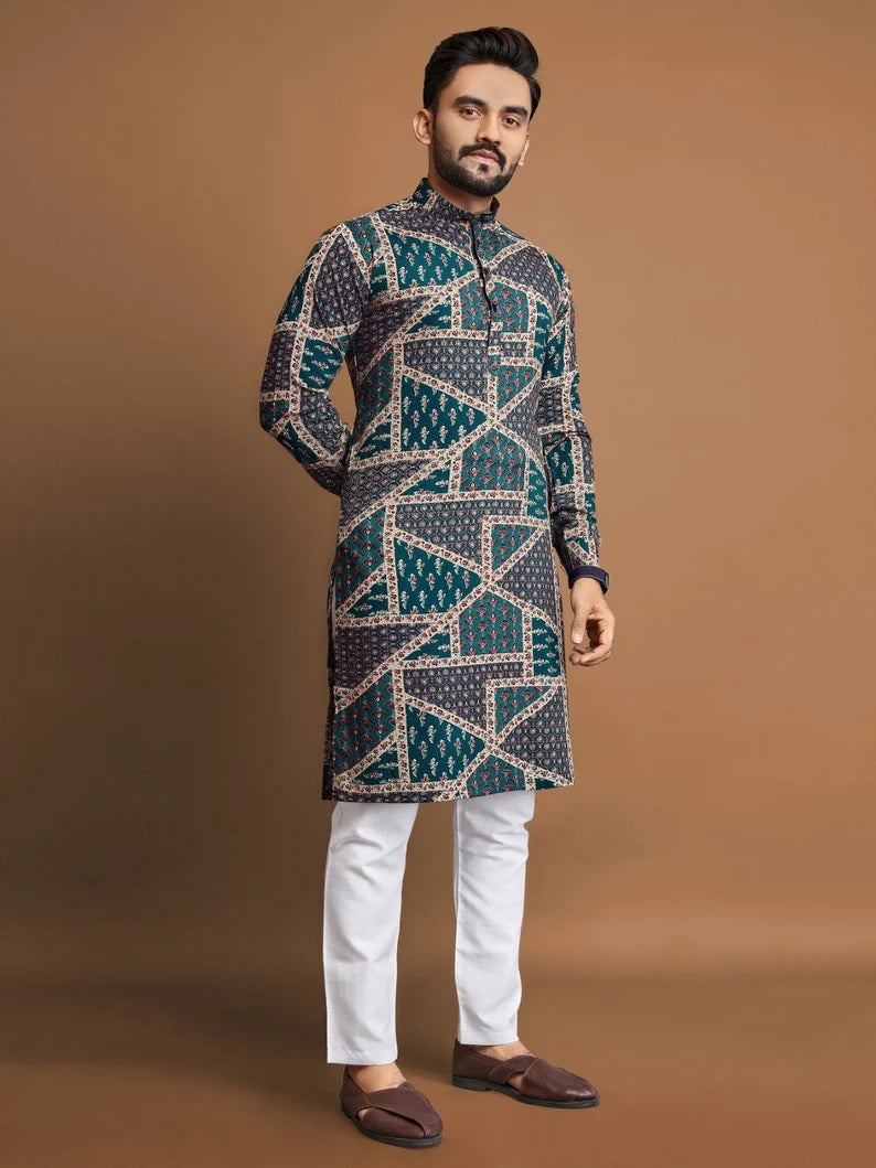 Men's Soft Cotton Foil Print Designer Kurta Pajama Set