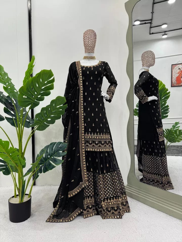 Faux Georgette With Thread & 9MM Sequence Work Top Palazzo & Duppata