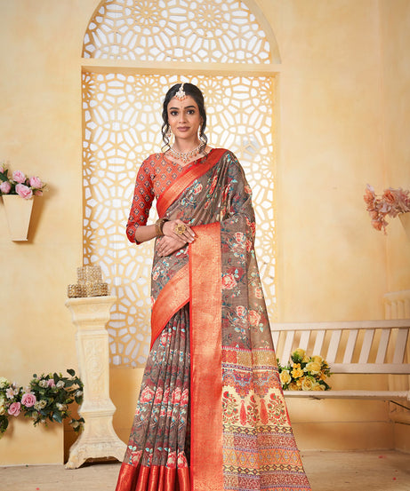 Colourful Pure Linen Saree With Digital Print Saree With Blouse