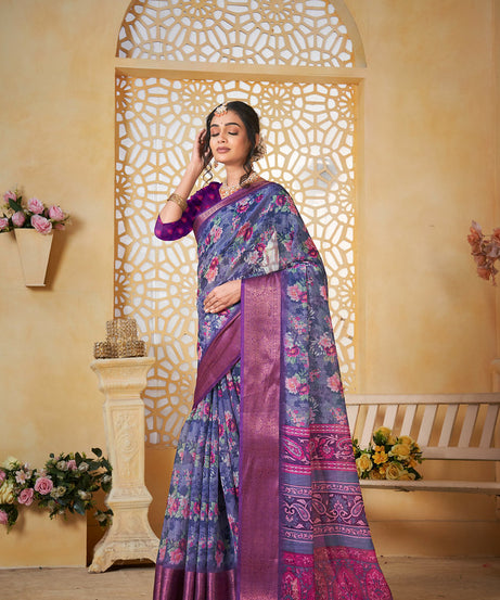Colourful Pure Linen Saree With Digital Print Saree With Blouse