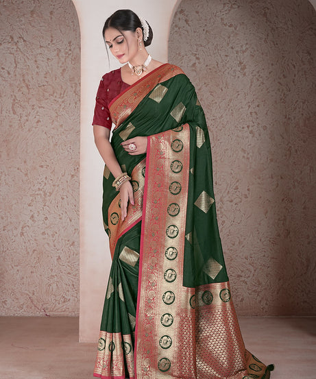 Traditional Soft Silk Saree Weaving Heavy Banarasi Pallu Sari With Blouse