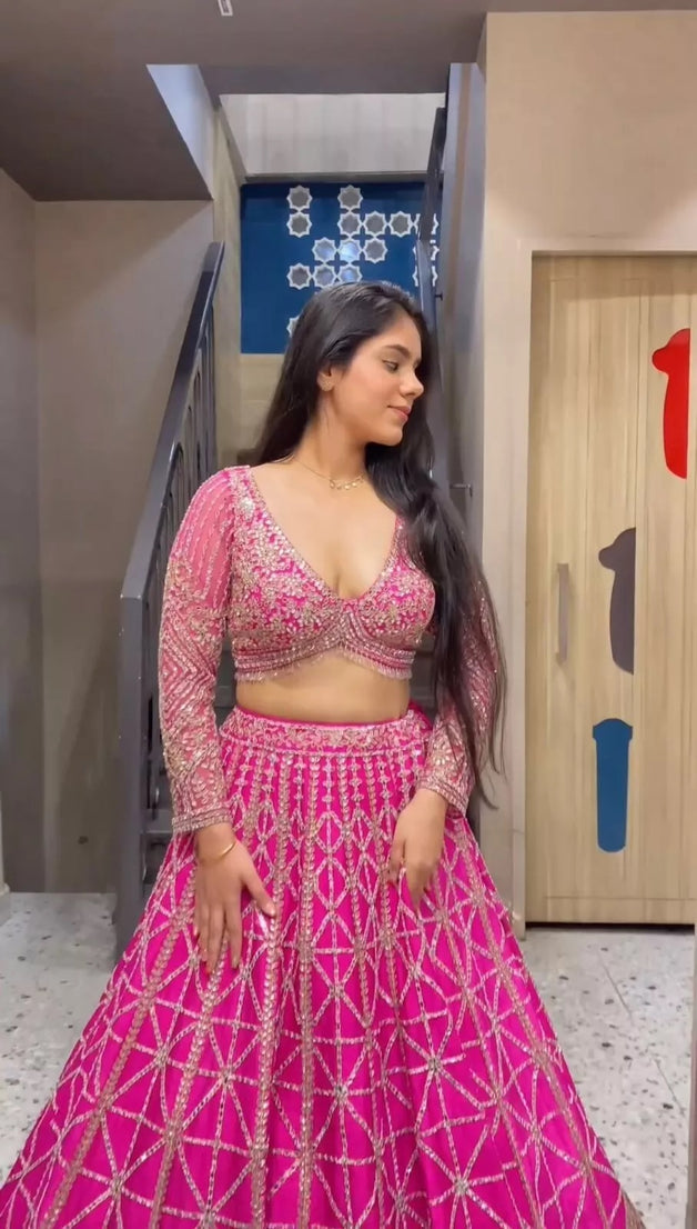 Pink Traditional Wedding Georgette With Thread Work Lehenga Blouse & Dupatta