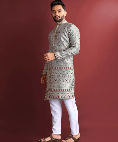 Stitched Heavy Jacquard Silk Indian Traditional Look Kurta Pajama For Men's
