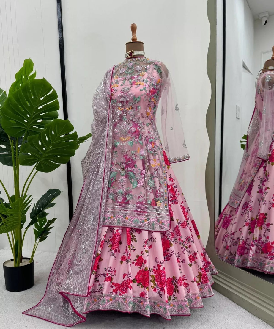 Butterfly Net With Thread & Sequence Work Bollywood Style Top Lehenga & Dupatta