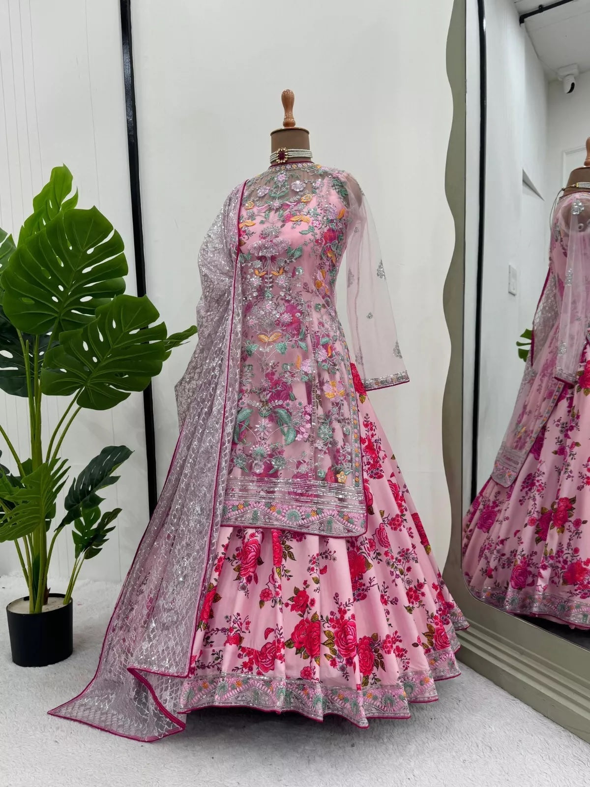 Butterfly Net With Thread & Sequence Work Bollywood Style Top Lehenga & Dupatta