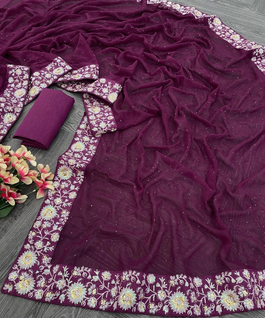 Women's , Beautiful Georgette Festival Wedding Wear Sari & Blouse