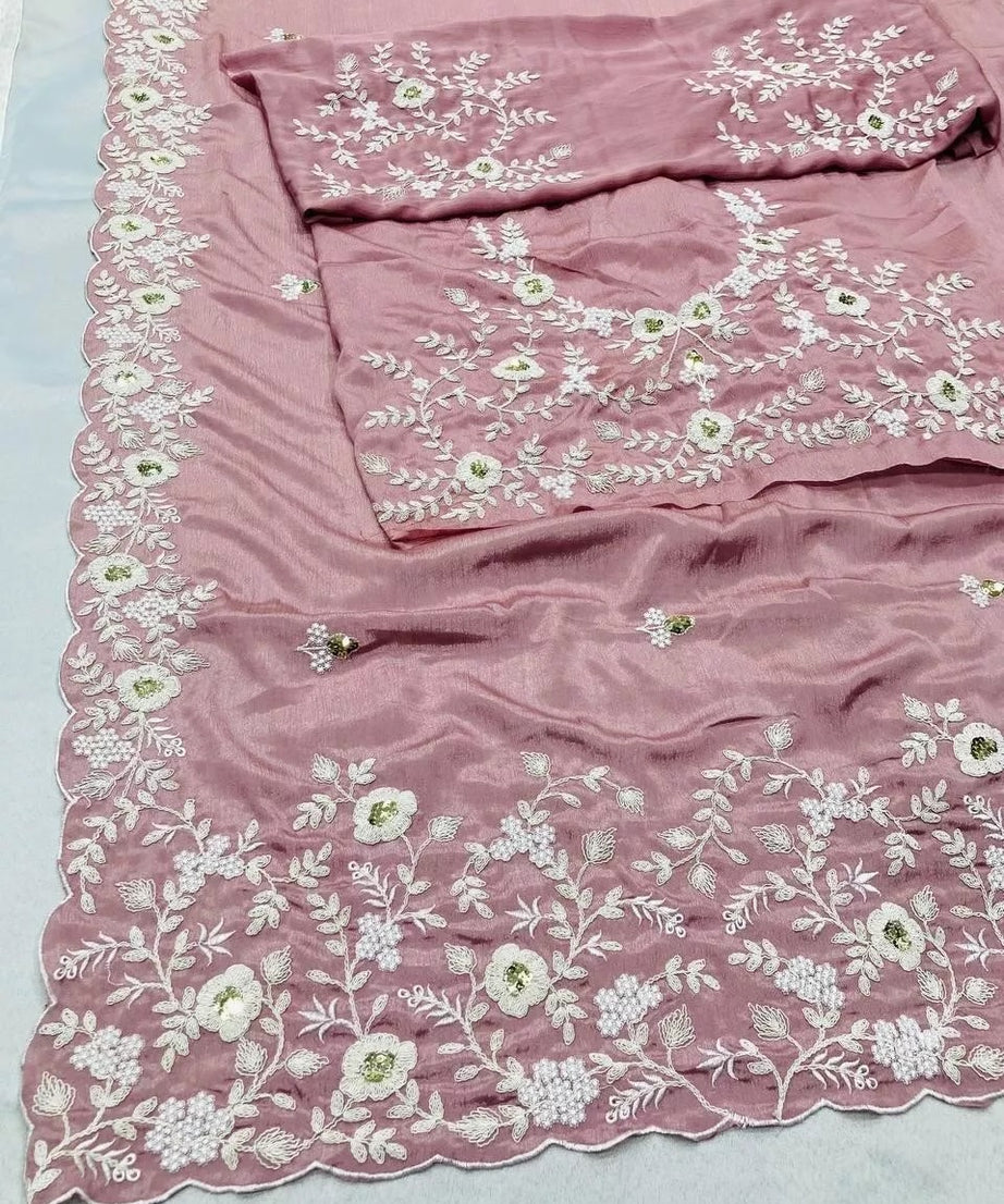 Pink Pure Chinon Silk With Embroidery Work Sari & Blouse