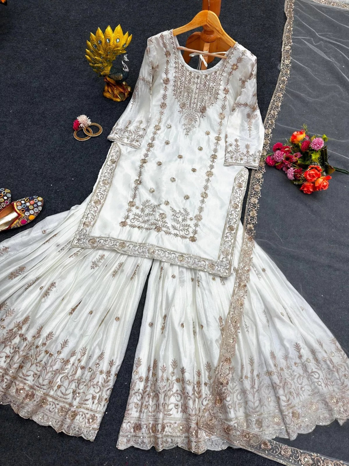 Chinon Silk Traditional Wedding Wear Latest Top Sharara & Dupatta