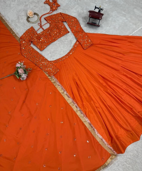 Orange Bollywood Wedding American Silk Lehenga Blouse & Dupatta 15-RTC
