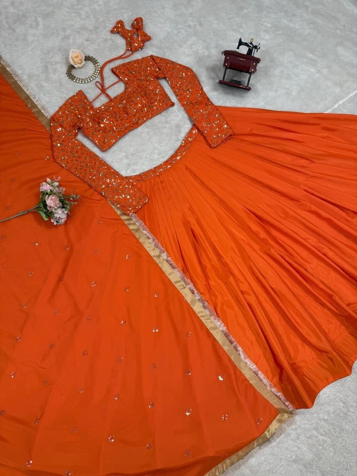 Orange Bollywood Wedding American Silk Lehenga Blouse & Dupatta 15-RTC