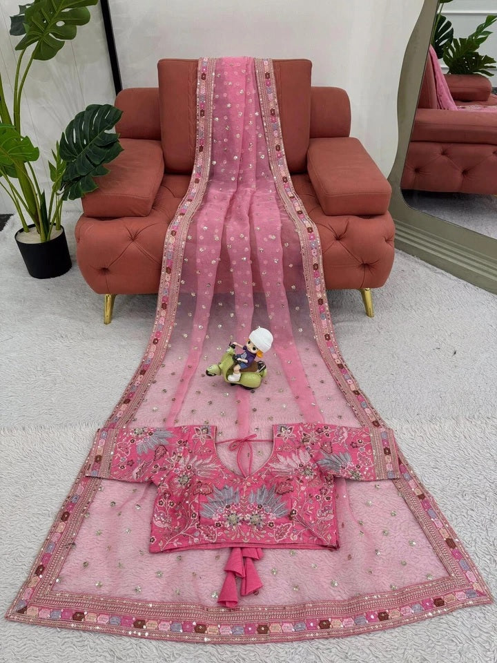 Pink Heavy Soft Tissue Organza Silk Saree, Wedding Wear Sari With Blouse