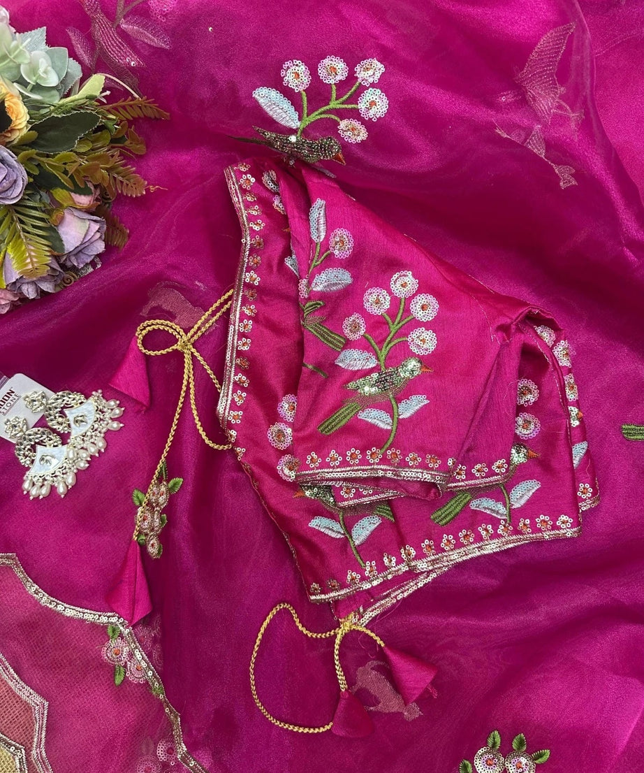Soft Organza Saree With Embroidery Sequence Work Sari With Blouse