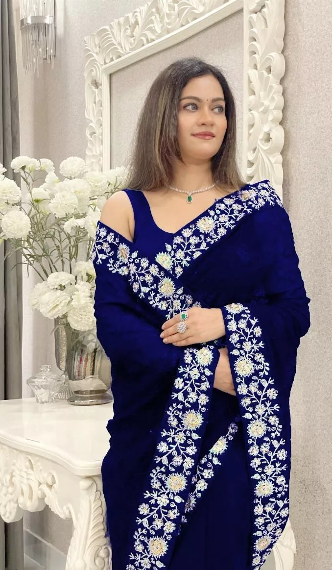 Party Wear Faux Georgette Saree, Indian Wedding Sari With Blouse