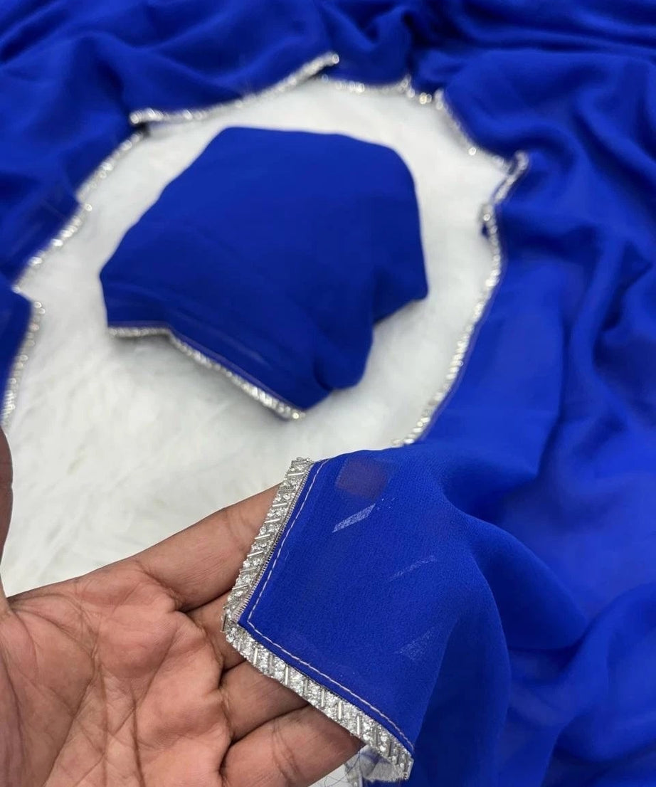 Blue Classic Faux Georgette Bloomming Saree With Blouse