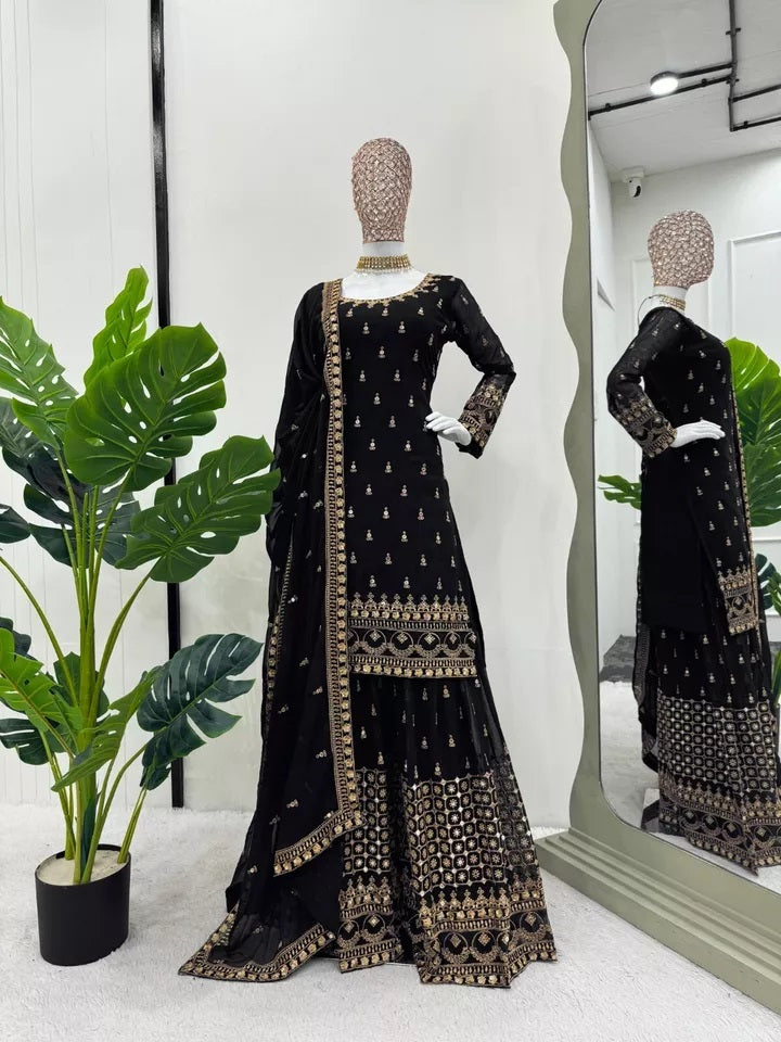 Faux Georgette With Thread & 9MM Sequence Work Top Palazzo & Duppata