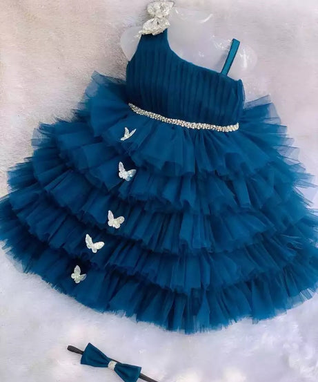 Lovely Sequins Bow and Diamond Belt Net Frock for Baby Girls
