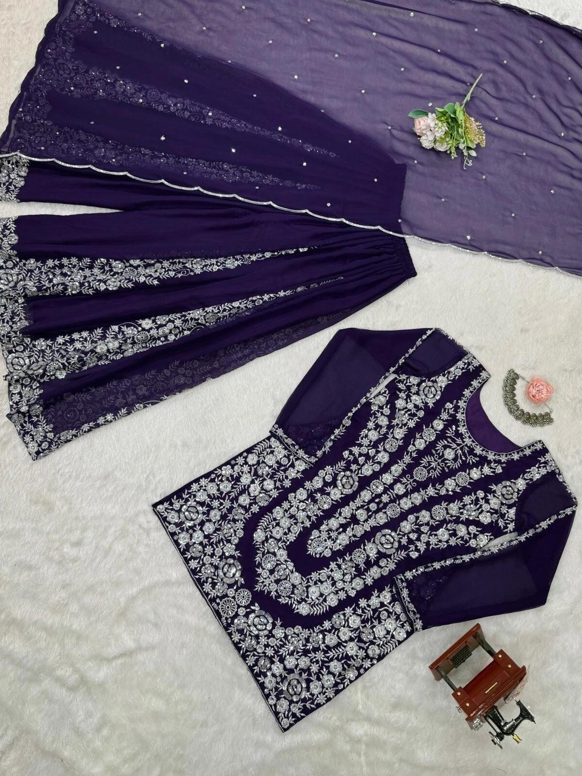Full Stitched Faux Georgette Top Palazzo Dupatta