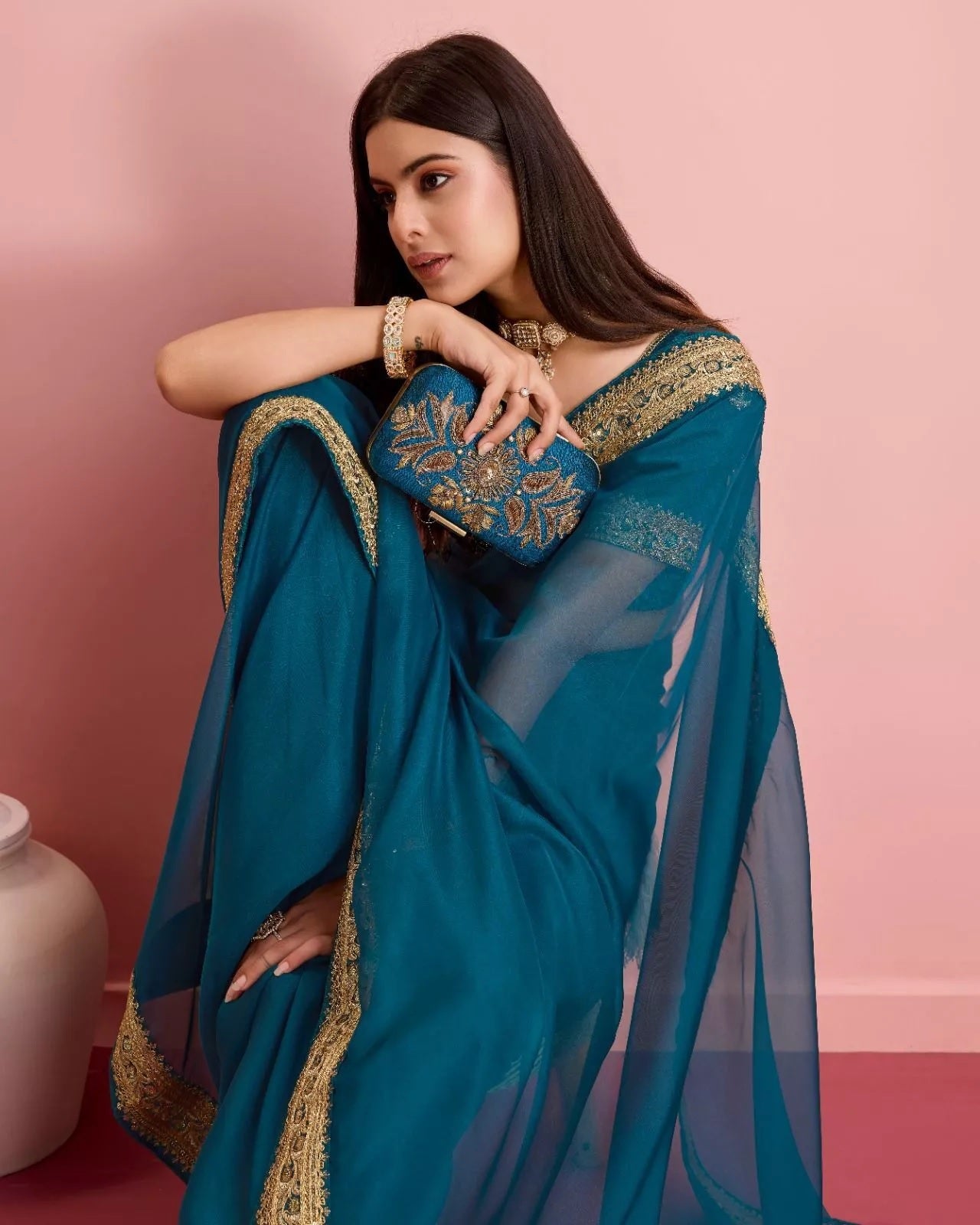 Tabby Silk Organza With Embroidery Lace Work Sari &  Blouse