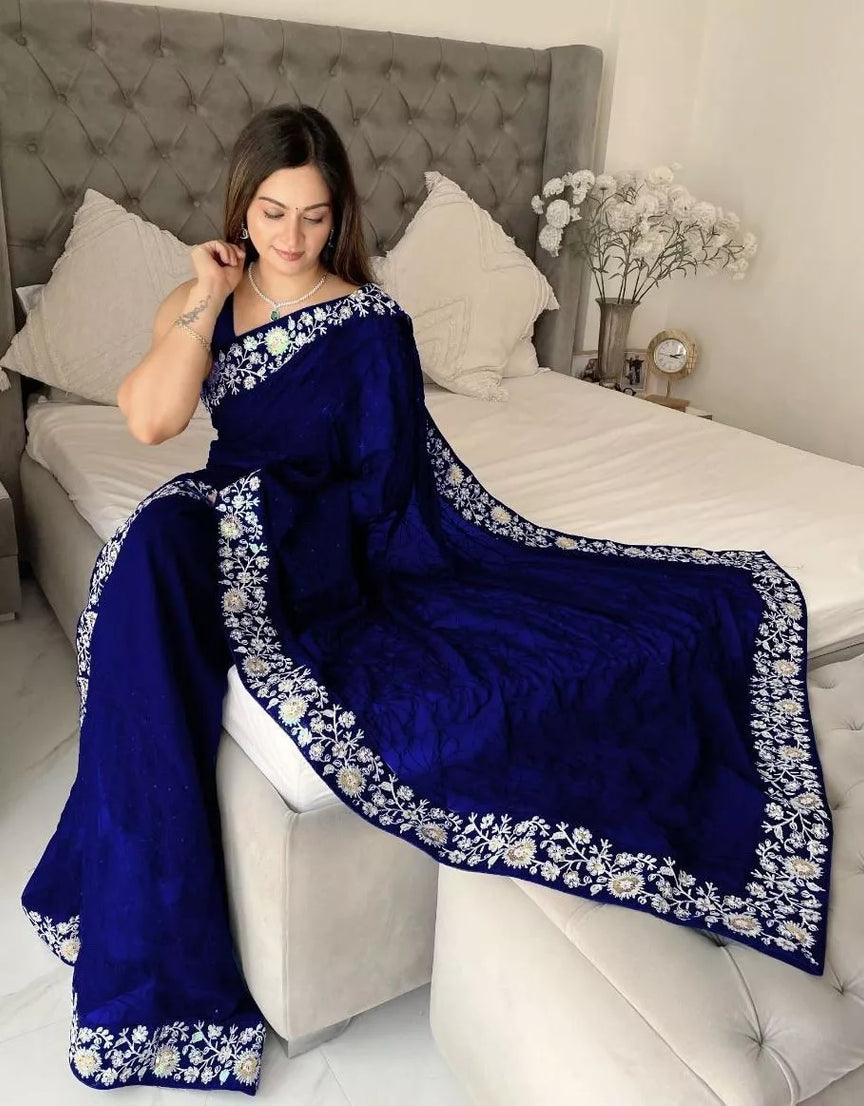 Georgette With Designer Floral Embroidery Work Sari & Blouse