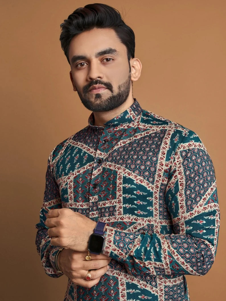 Men's Soft Cotton Foil Print Designer Kurta Pajama Set