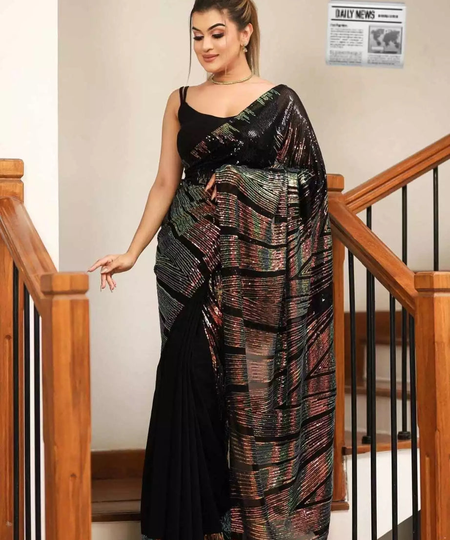 Georgette Embroidery Work Sequence Lace Work Saree,Party Wear Sari