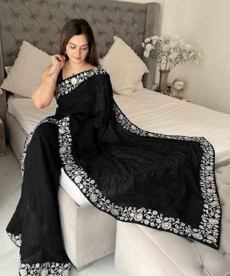 Women's  Beautiful Georgette Festival Wedding Wear Saree & Blouse 11-JR