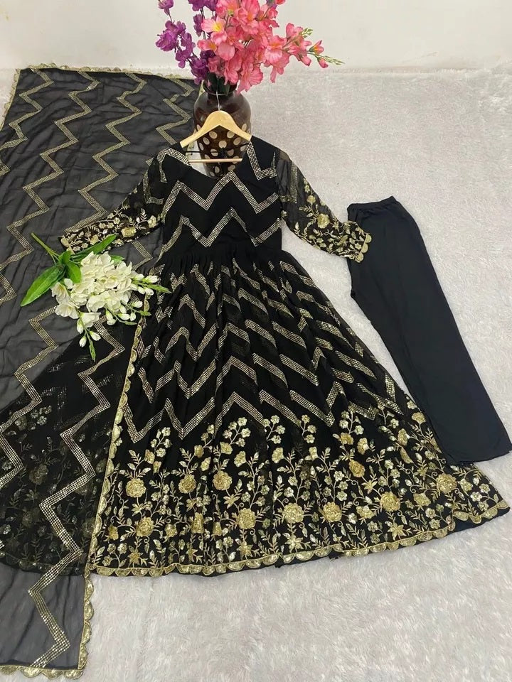 Fox Georgette With Embroidery Work With Full Sleeve Gown Bottom Dupatta Set