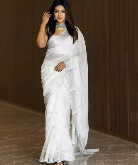Soft Linen Slub Fancy Saree With Blouse For Women's