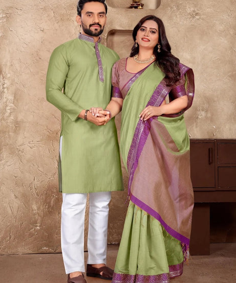Linen Silk Kurta And Saree Set & Couple Combo Set