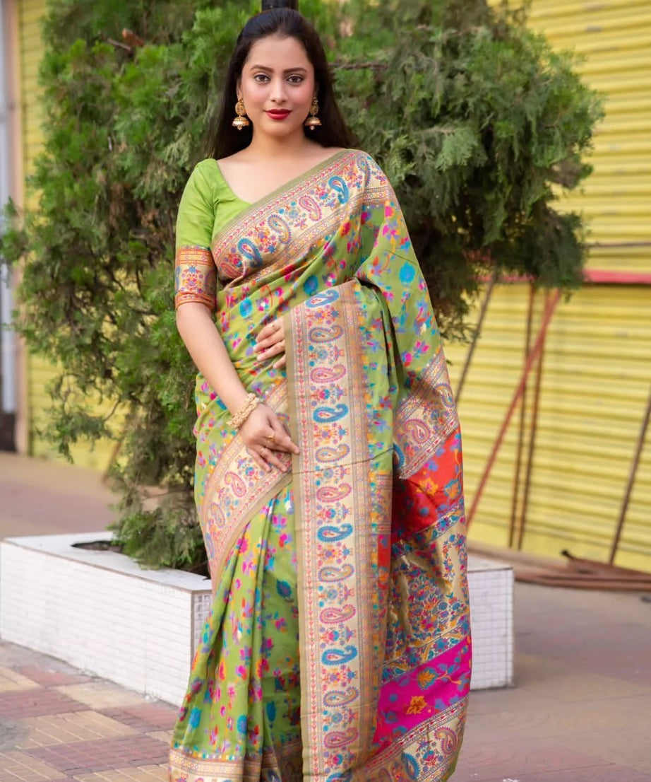 Kashmiri Silk Weaving Multiple Color Printed Sari & Blouse
