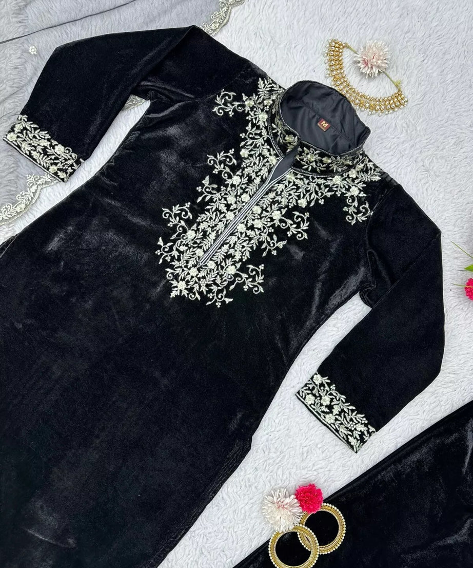 Velvet Fabric Sequence Work Top & Pant Dupatta