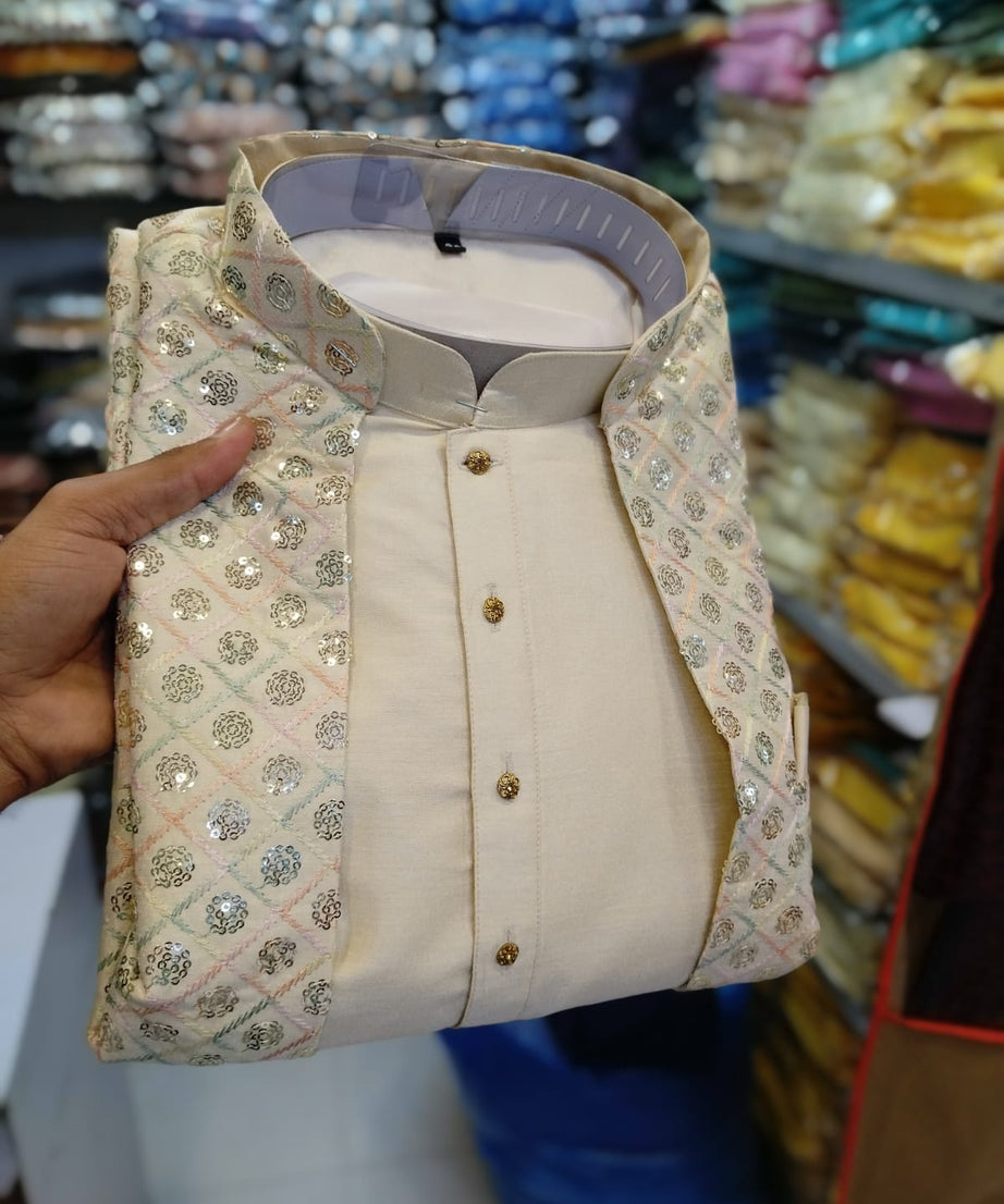 Fusing Art Silk Kurta Pajama With Embroidery Sequence Work Koti Set
