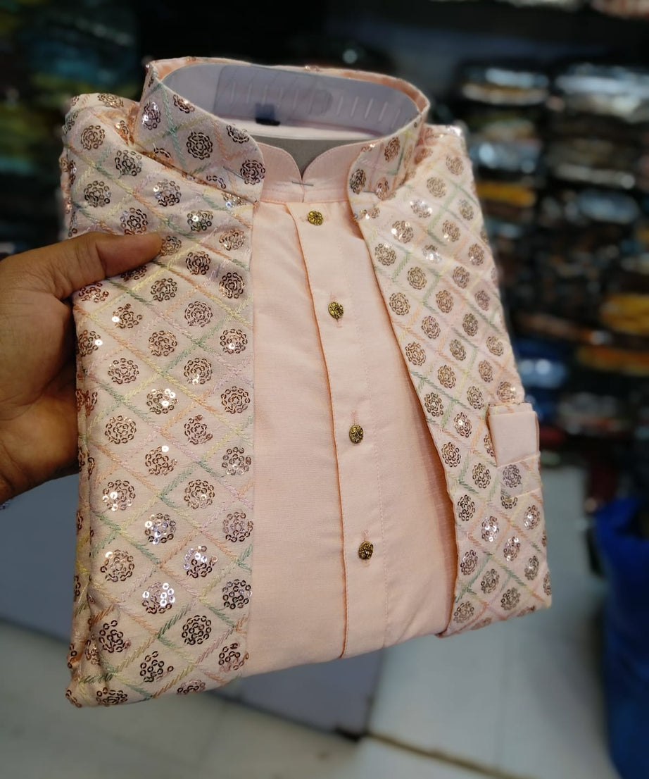 Fusing Art Silk Kurta Pajama With Embroidery Sequence Work Koti Set