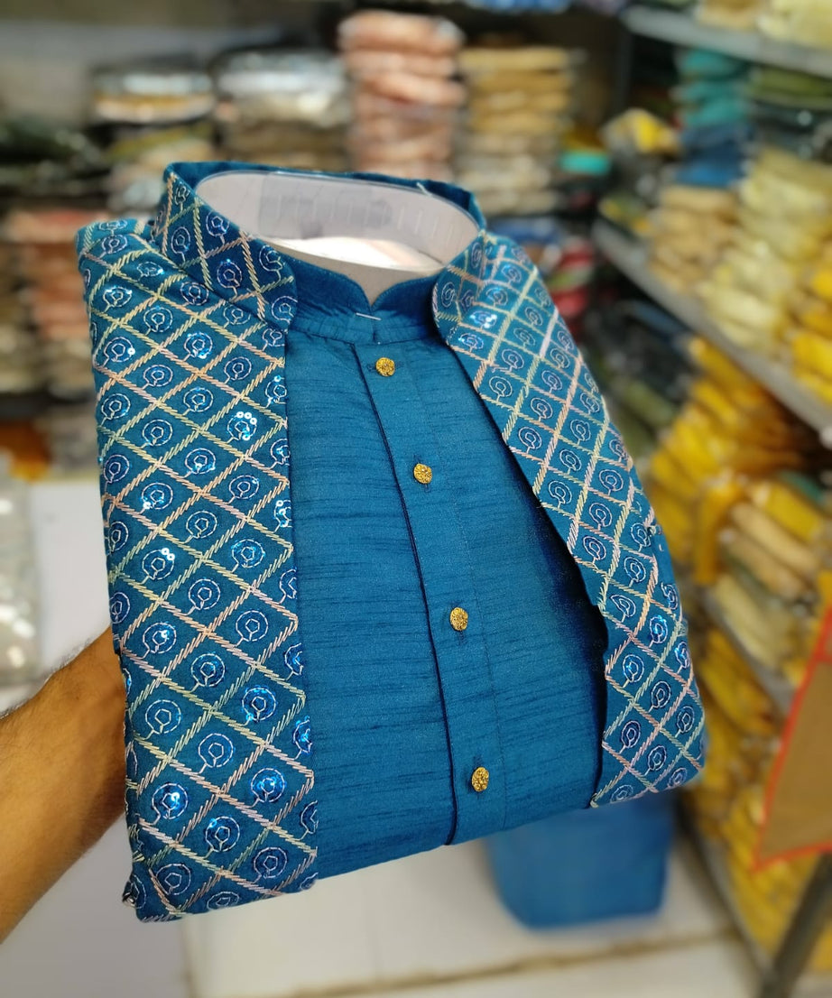Fusing Art Silk Kurta Pajama With Embroidery Sequence Work Koti Set