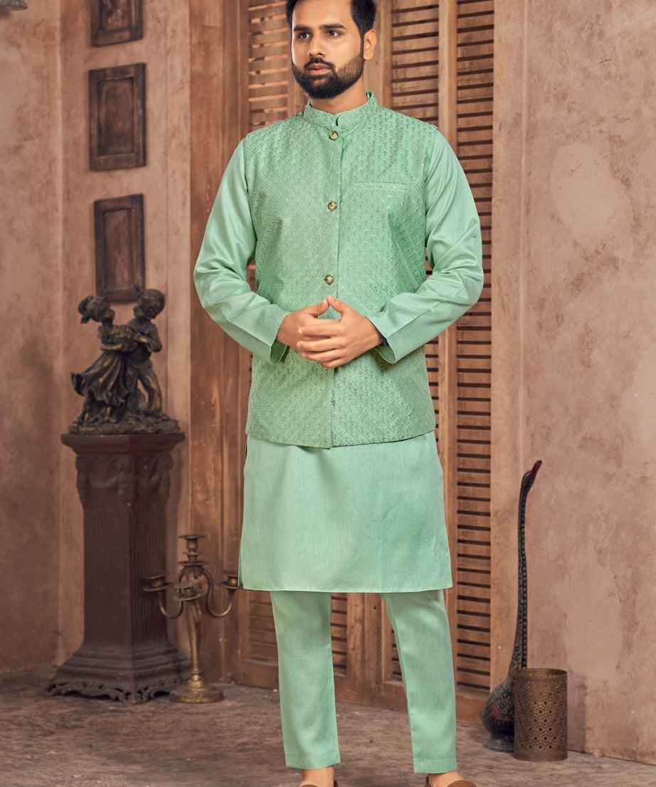 Heavy Banglori Silk Kurta Pajama With Embroidery Sequins Work Koti Set