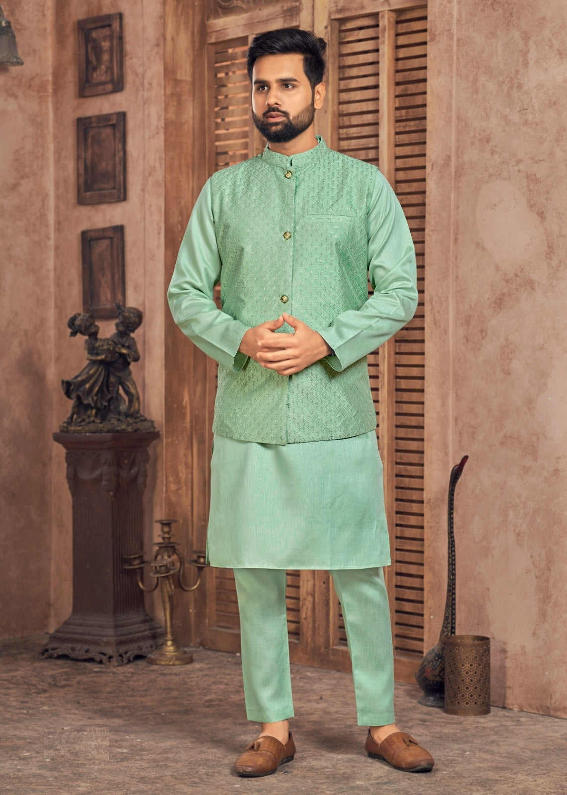 Heavy Banglori Silk Kurta Pajama With Embroidery Sequins Work Koti Set