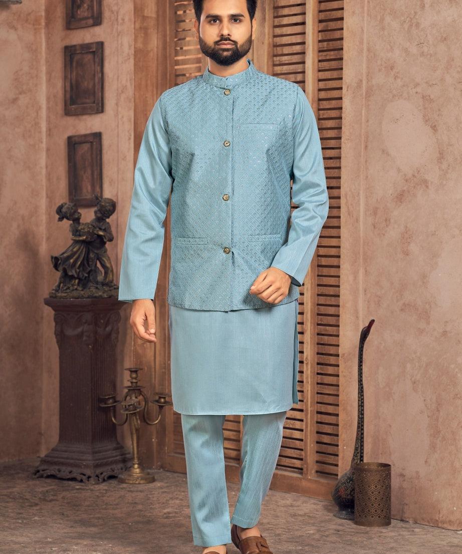 Heavy Banglori Silk Kurta Pajama With Embroidery Sequins Work Koti Set