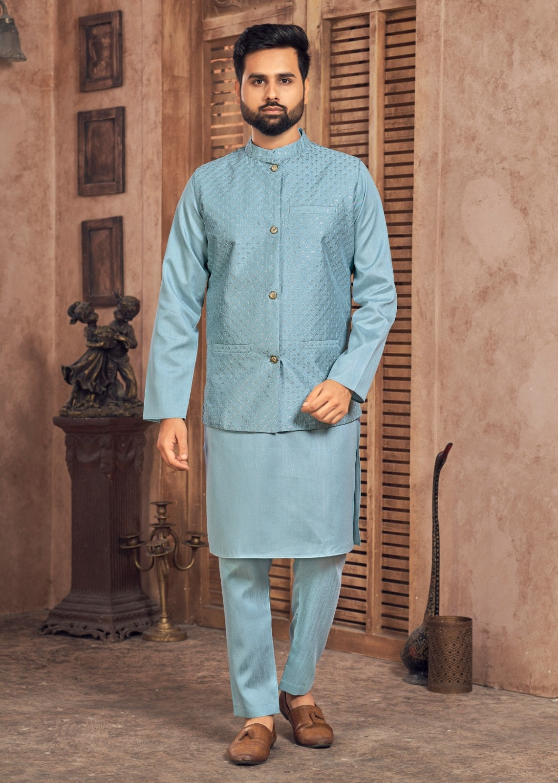 Heavy Banglori Silk Kurta Pajama With Embroidery Sequins Work Koti Set