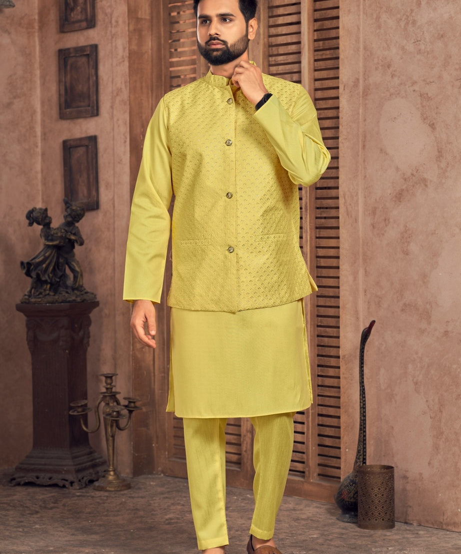 Heavy Banglori Silk Kurta Pajama With Embroidery Sequins Work Koti Set