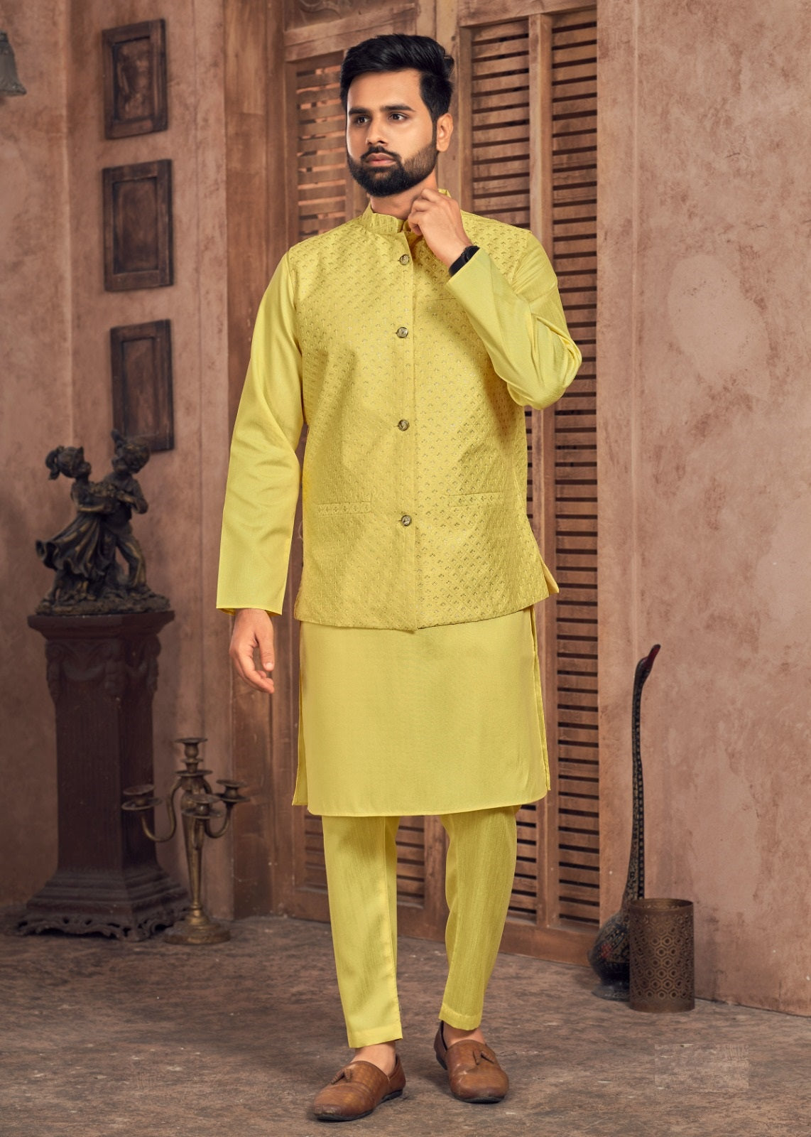Heavy Banglori Silk Kurta Pajama With Embroidery Sequins Work Koti Set