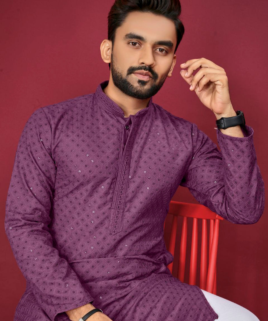 Cotton Luckhnowi Work With Embroidery Work Kurta Pajama Set For Men's